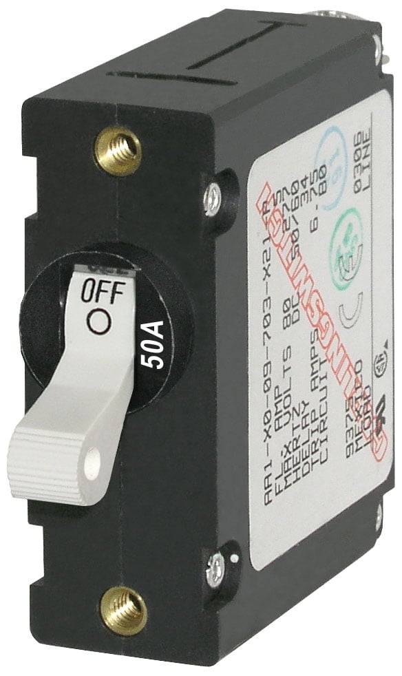 What are the uses of the Blue Sea 7230 Single Pole 50A White Circuit Breaker?