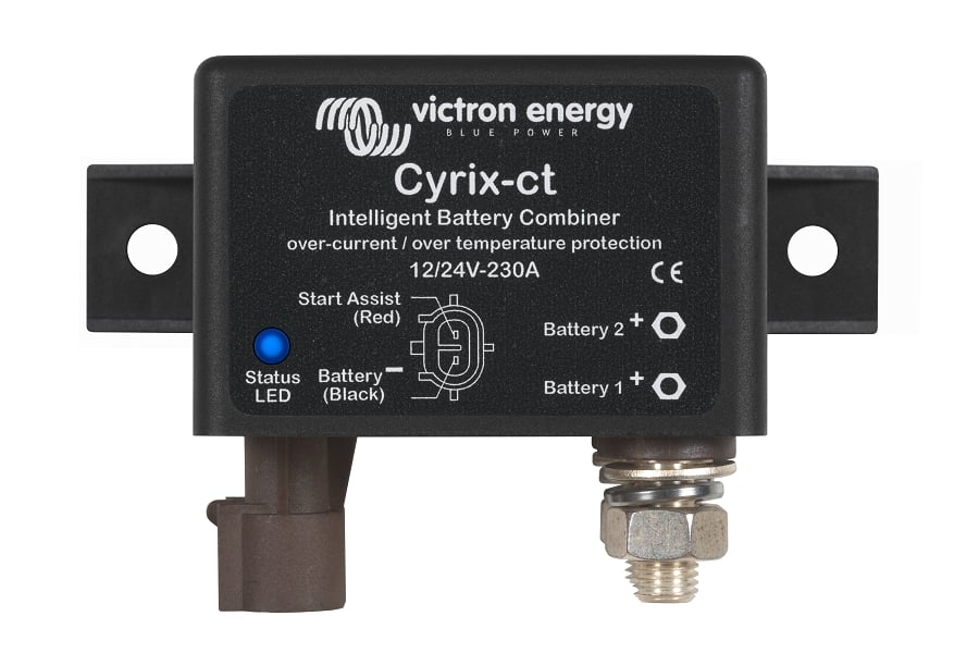 What does the start assist feature of the Victron Cyrix-ct battery combiner do?