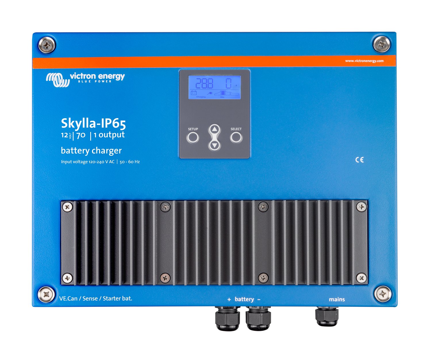 What is the input voltage range for the Victron Skylla-IP65 12/70 charger?