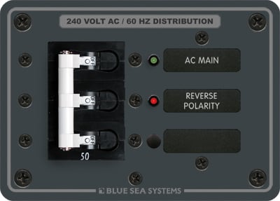 What does the red LED signify on the Blue Sea 7372 Panel 120/240VAC Main?