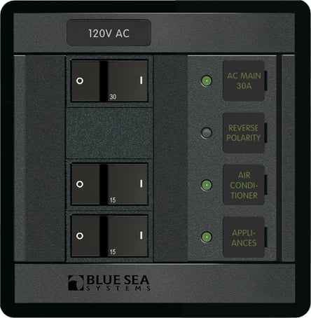 Does the Blue Sea Systems 360 panel include 120vac for ground and neutral connections?
