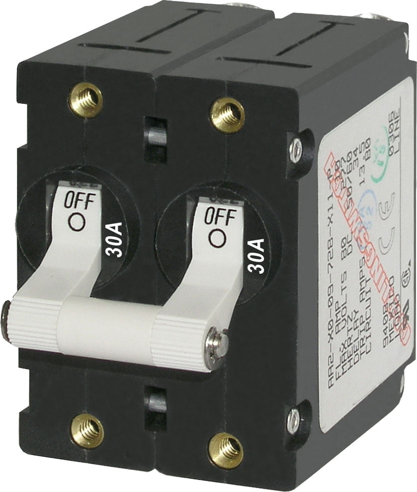 What are the dimensions and hole positions of the blue sea 30 amp breaker?